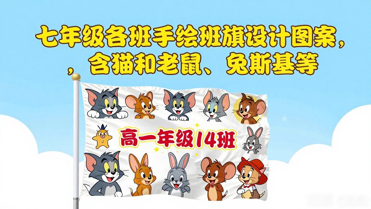 七年级十三班猫和老鼠班旗设计_手绘班旗设计图案大全_卡通班旗设计图案
