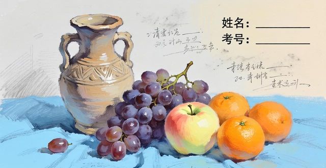 清华大学美术学院2017年设计高分卷赏析_设计类色彩高分卷题目天蓝色衬布上的静物_清华大学美术学院考前设计图案装饰画