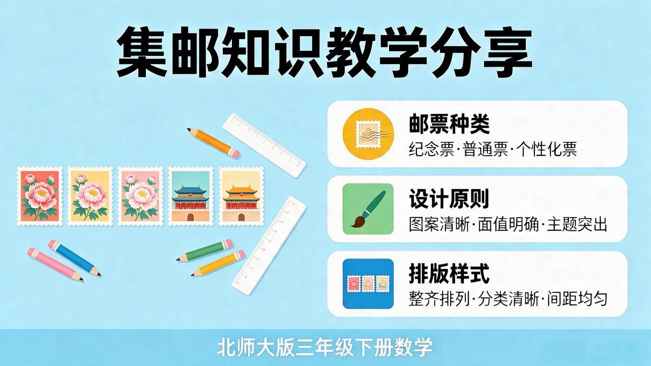 邮票设计排版_北师大版小学三年级下册数学集邮课件学习分享_邮票的种类设计原则排版方式